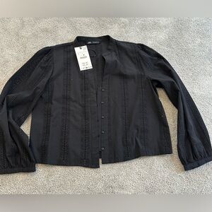 Zara Black Eyelet Button-Up Blouse Eyelet long sleeve puff shoulder